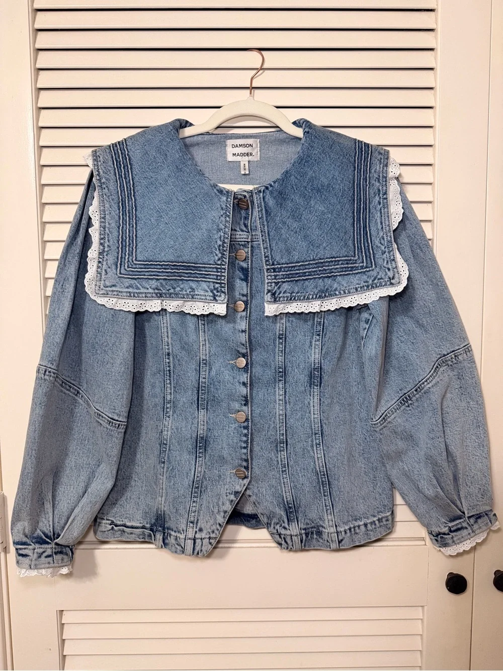 Damson Madder Broderie Anglaise Ruffle Denim Sailor Jacket - Size UK 10/US 6 - Picture 1 of 10